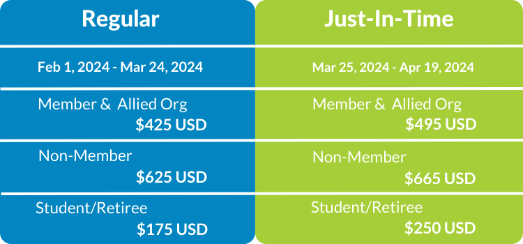 virtual registration rates in a table with two columns detailing out the rates for members, non-members and student/retirees