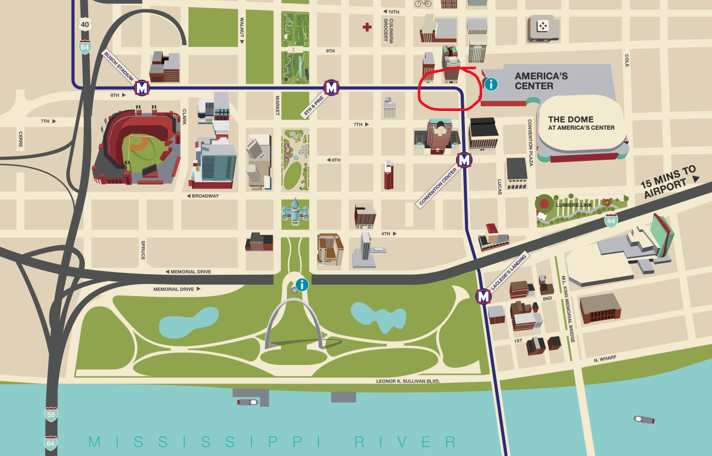 Map of St. Louis downtown with MetroLink stops and hotel